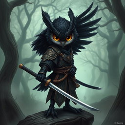 A short black-winged Owlin ronin samurai character from Dungeons & Dragons, depicted in a striking and heroic pose