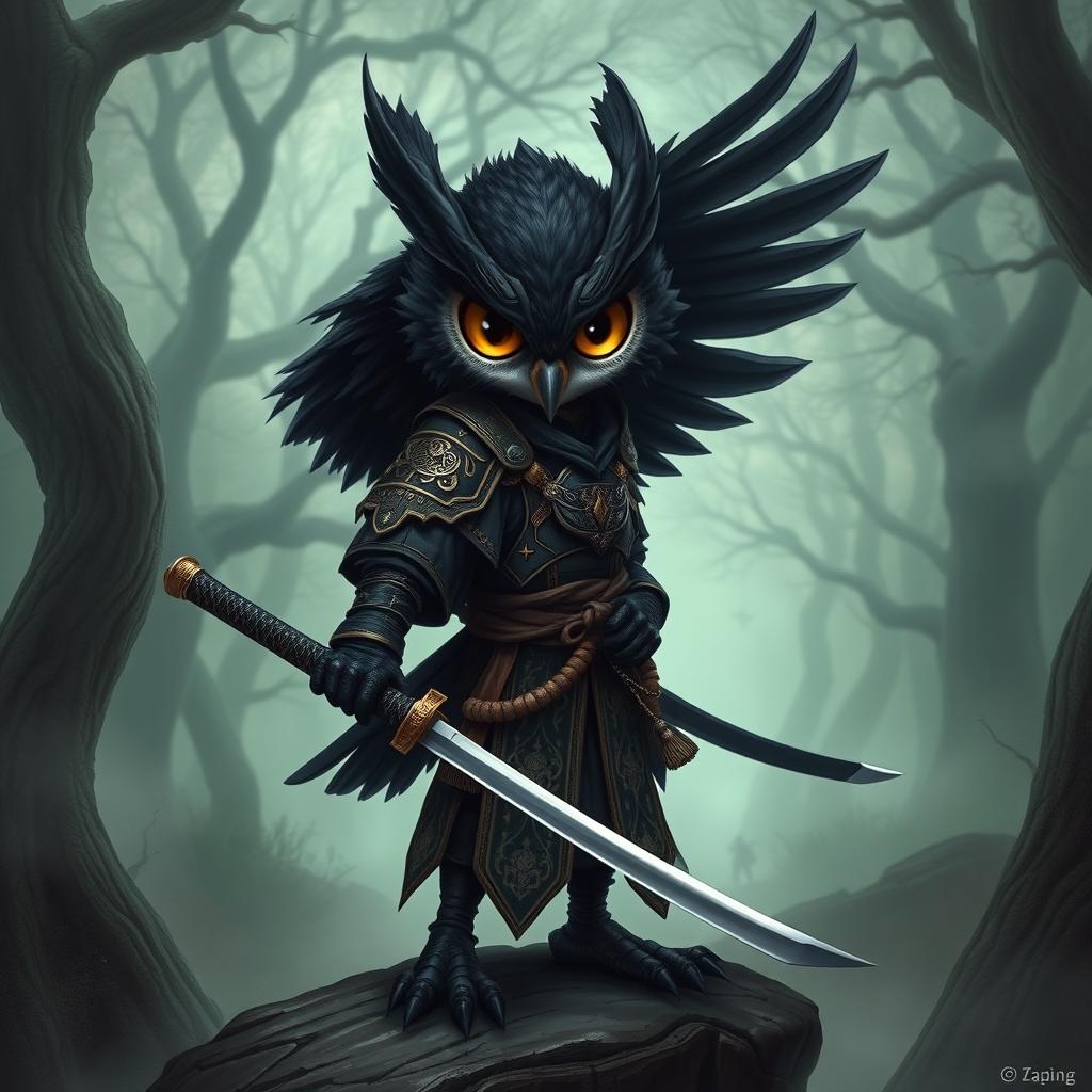 A short black-winged Owlin ronin samurai character from Dungeons & Dragons, depicted in a striking and heroic pose