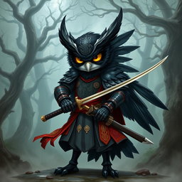 A short black-winged Owlin ronin samurai character from Dungeons & Dragons, depicted in a striking and heroic pose