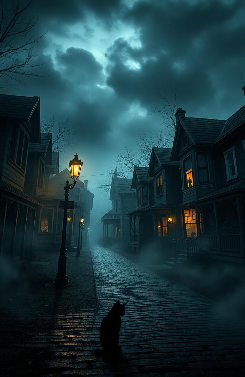 A hauntingly atmospheric scene depicting a small, eerie town shrouded in mist and shadows