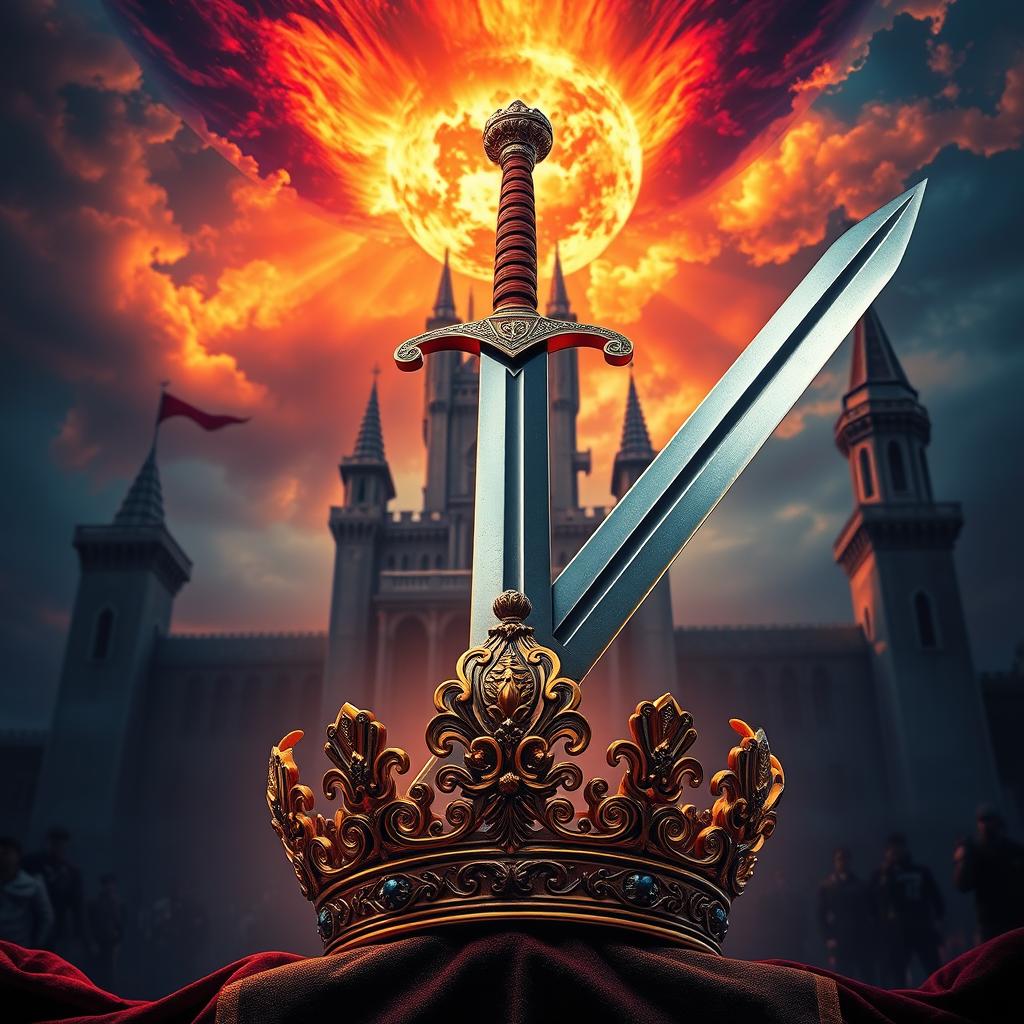 A majestic scene featuring a powerful sword (espada) adorned with intricate designs, resting atop an ornate crown (coroa)