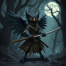 A short black-winged Owlin ronin samurai character from Dungeons & Dragons, striking a poised and fearless stance in a dark forest