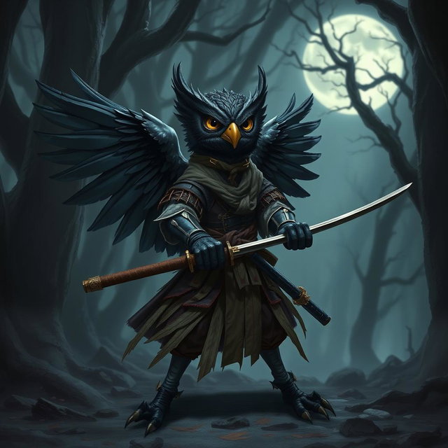 A short black-winged Owlin ronin samurai character from Dungeons & Dragons, striking a poised and fearless stance in a dark forest