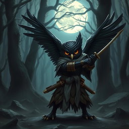 A short black-winged Owlin ronin samurai character from Dungeons & Dragons, striking a poised and fearless stance in a dark forest