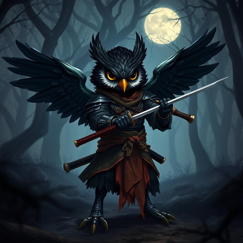 A short black-winged Owlin ronin samurai character from Dungeons & Dragons, striking a poised and fearless stance in a dark forest
