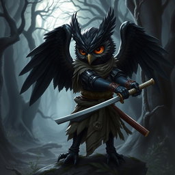A short black-winged Owlin ronin samurai character from Dungeons & Dragons, striking a poised and fearless stance in a dark forest