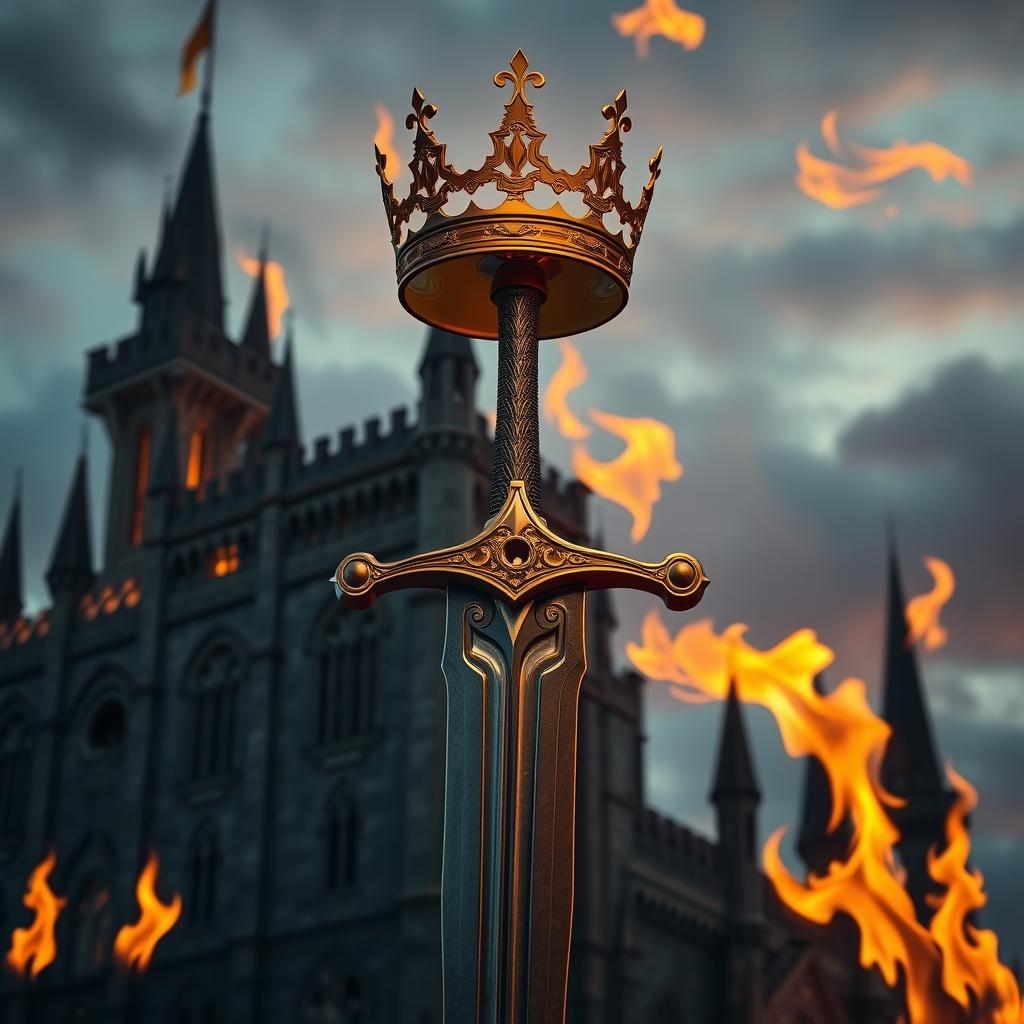 A dramatic scene featuring a majestic sword (espada) resting against a golden crown (coroa) atop a magnificent castle