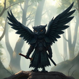 A short black winged Owlin ronin samurai character for Dungeons & Dragons, featuring sleek dark feathers, traditional samurai armor with intricate details, a katana at its side, and a determined expression