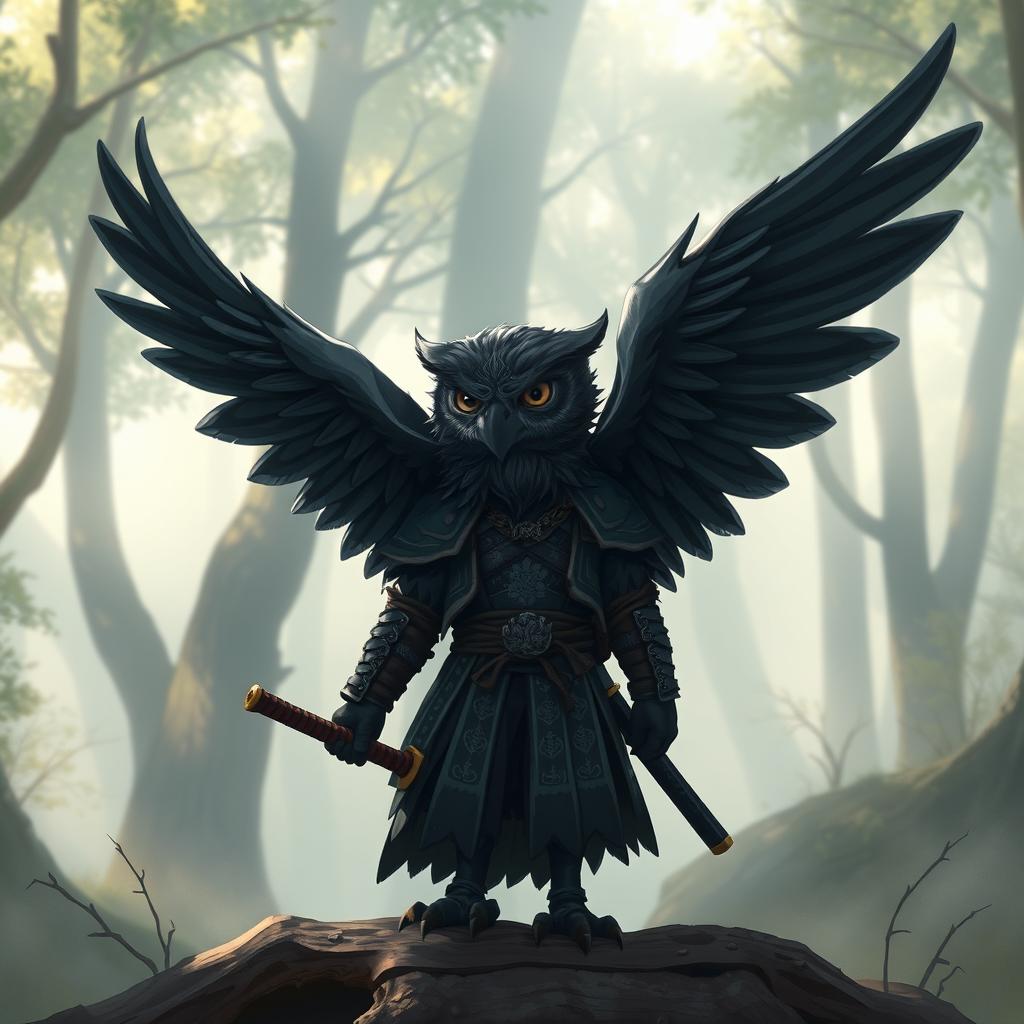A short black winged Owlin ronin samurai character for Dungeons & Dragons, featuring sleek dark feathers, traditional samurai armor with intricate details, a katana at its side, and a determined expression