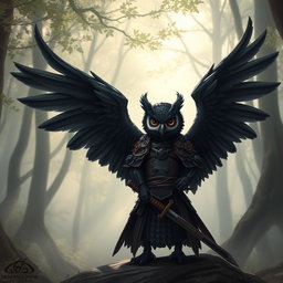 A short black winged Owlin ronin samurai character for Dungeons & Dragons, featuring sleek dark feathers, traditional samurai armor with intricate details, a katana at its side, and a determined expression