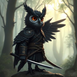 A short black winged Owlin ronin samurai character for Dungeons & Dragons, featuring sleek dark feathers, traditional samurai armor with intricate details, a katana at its side, and a determined expression