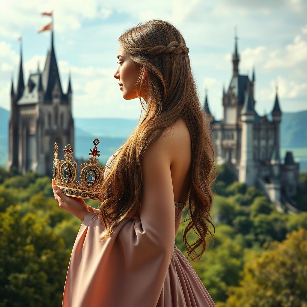 A woman in profile, elegantly gazing towards a majestic castle with tall spires and intricate architecture