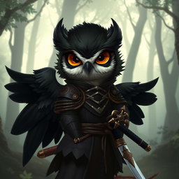 A short black-winged Owlin character styled as a ronin samurai for Dungeons & Dragons