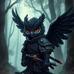 A short black-winged Owlin character styled as a ronin samurai for Dungeons & Dragons