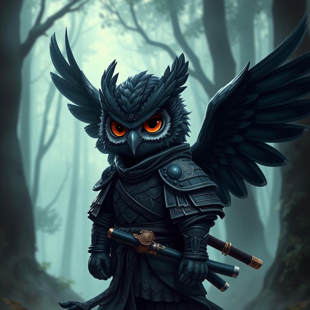 A short black-winged Owlin character styled as a ronin samurai for Dungeons & Dragons