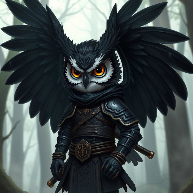 A short black-winged Owlin character styled as a ronin samurai for Dungeons & Dragons