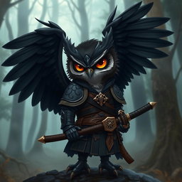 A short black-winged Owlin character styled as a ronin samurai for Dungeons & Dragons