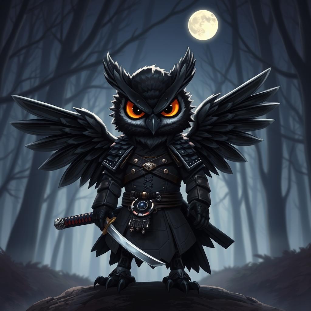 A short black-winged Owlin character styled as a ronin samurai for Dungeons & Dragons