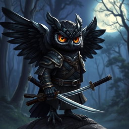 A short black-winged Owlin character styled as a ronin samurai for Dungeons & Dragons