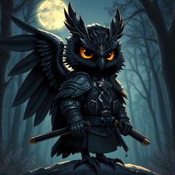 A short black-winged Owlin character styled as a ronin samurai for Dungeons & Dragons