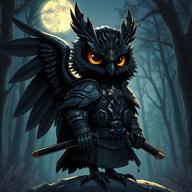A short black-winged Owlin character styled as a ronin samurai for Dungeons & Dragons