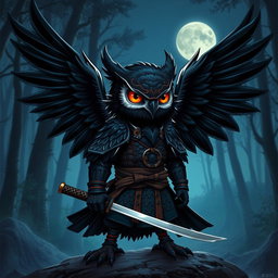 A short black-winged Owlin character styled as a ronin samurai for Dungeons & Dragons