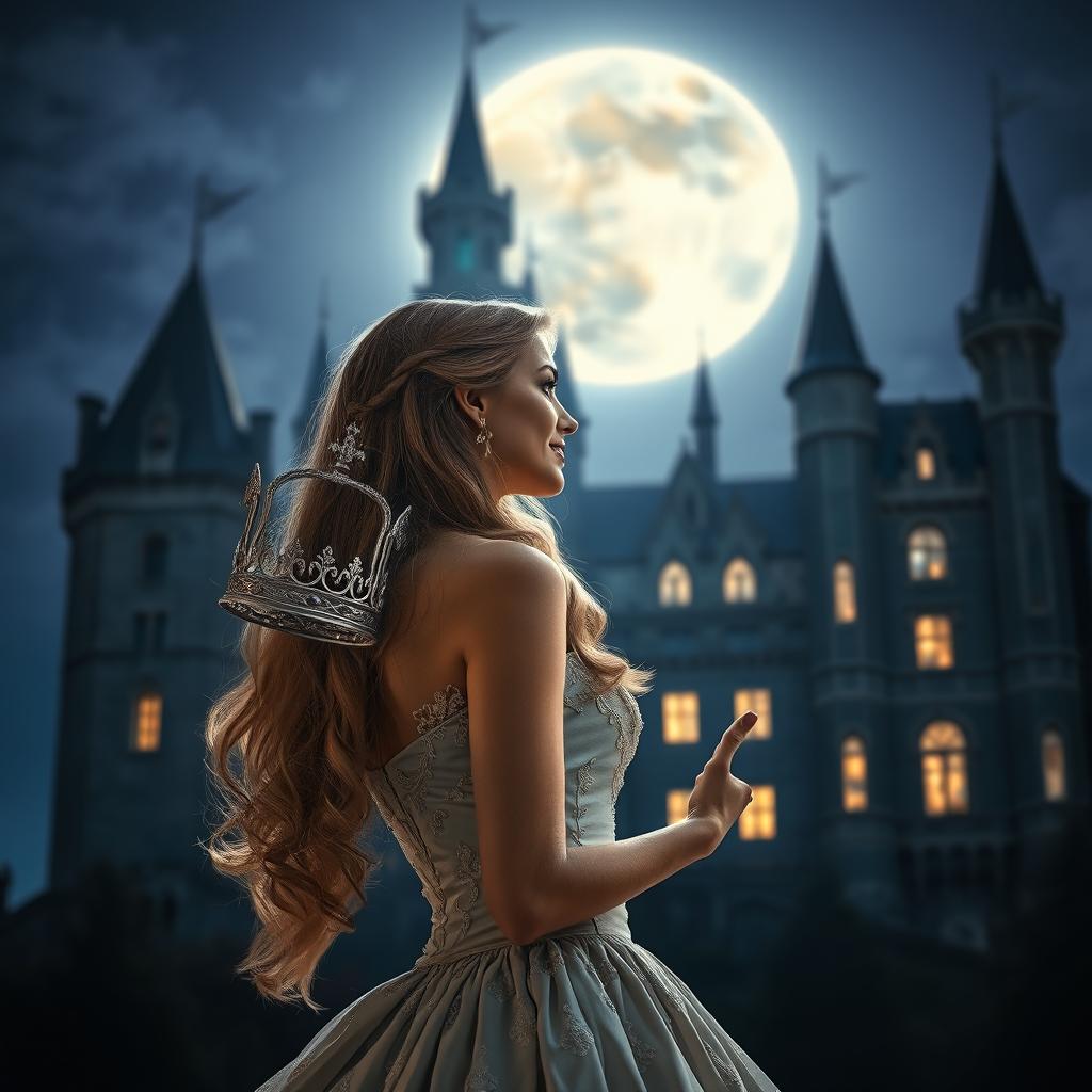 A woman in profile, elegantly gazing at an imposing castle under the night sky, holding a beautiful crown in her hand