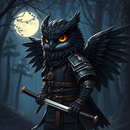 A short black-winged Owlin character designed as a ronin samurai for Dungeons & Dragons