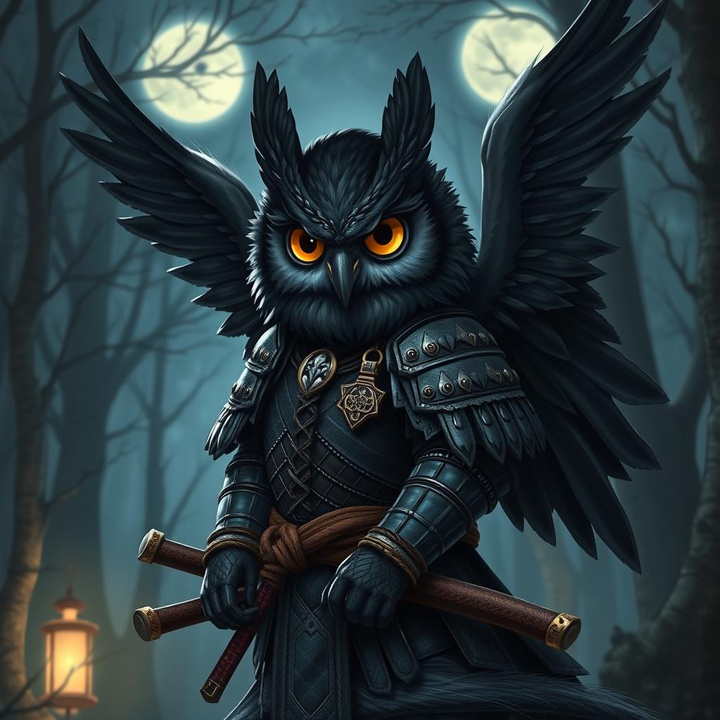 A short black-winged Owlin character designed as a ronin samurai for Dungeons & Dragons