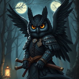 A short black-winged Owlin character designed as a ronin samurai for Dungeons & Dragons