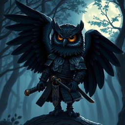 A short black-winged Owlin character designed as a ronin samurai for Dungeons & Dragons