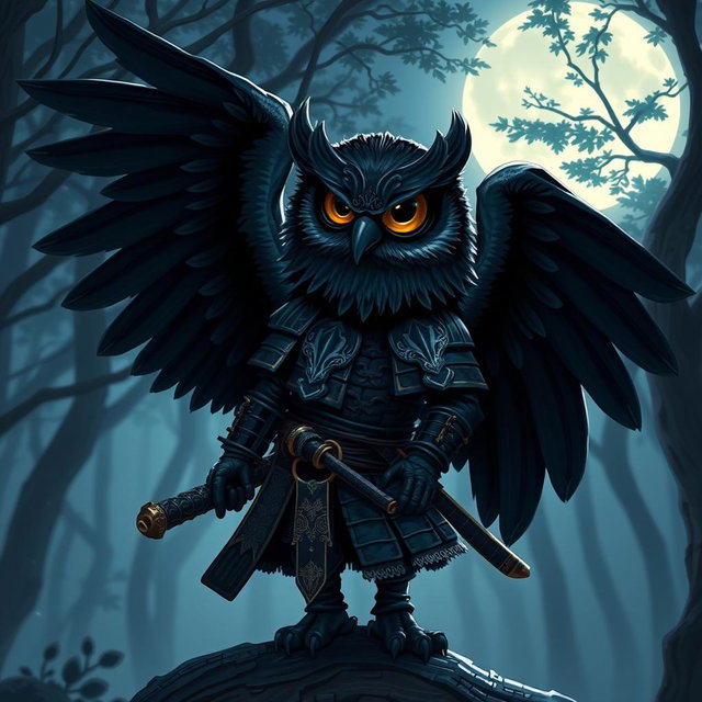 A short black-winged Owlin character designed as a ronin samurai for Dungeons & Dragons