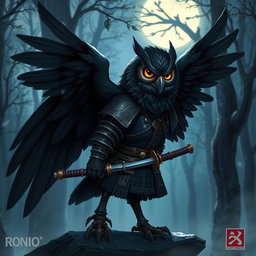A short black-winged Owlin character designed as a ronin samurai for Dungeons & Dragons