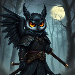 A short black-winged Owlin character envisioned as a ronin samurai for Dungeons & Dragons