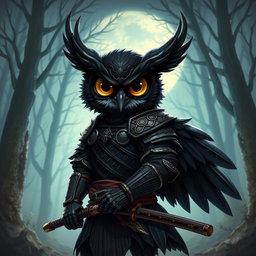 A short black-winged Owlin character envisioned as a ronin samurai for Dungeons & Dragons