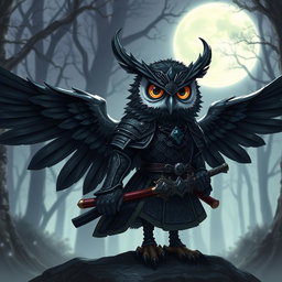 A short black-winged Owlin character envisioned as a ronin samurai for Dungeons & Dragons