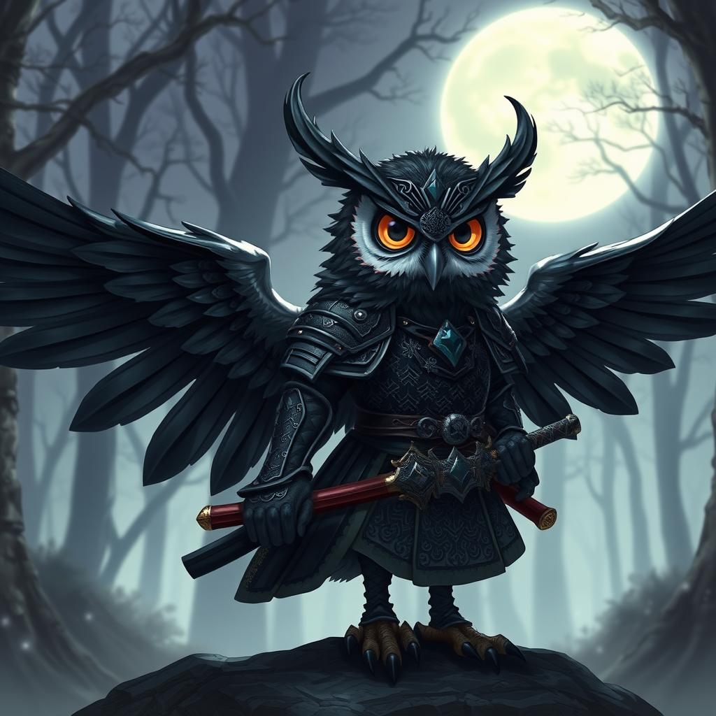 A short black-winged Owlin character envisioned as a ronin samurai for Dungeons & Dragons
