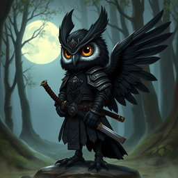 A short black-winged Owlin character envisioned as a ronin samurai for Dungeons & Dragons