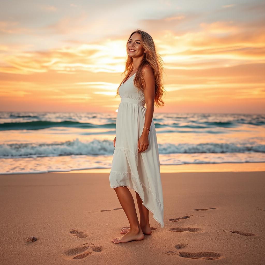 A beautiful, confident woman standing on a sandy beach at sunset, wearing a flowing white sundress that gently billows in the ocean breeze
