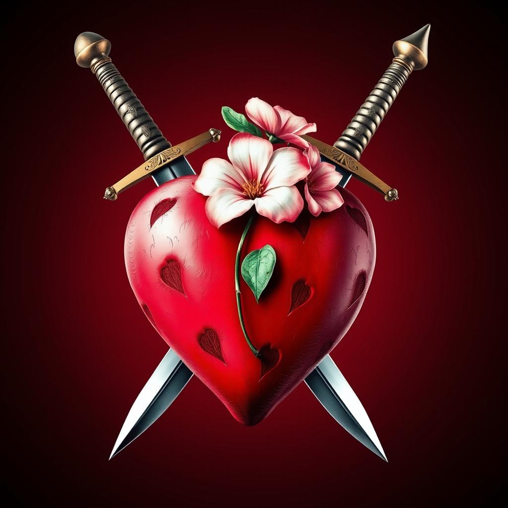 A vivid image of a heart with two swords crossed behind it