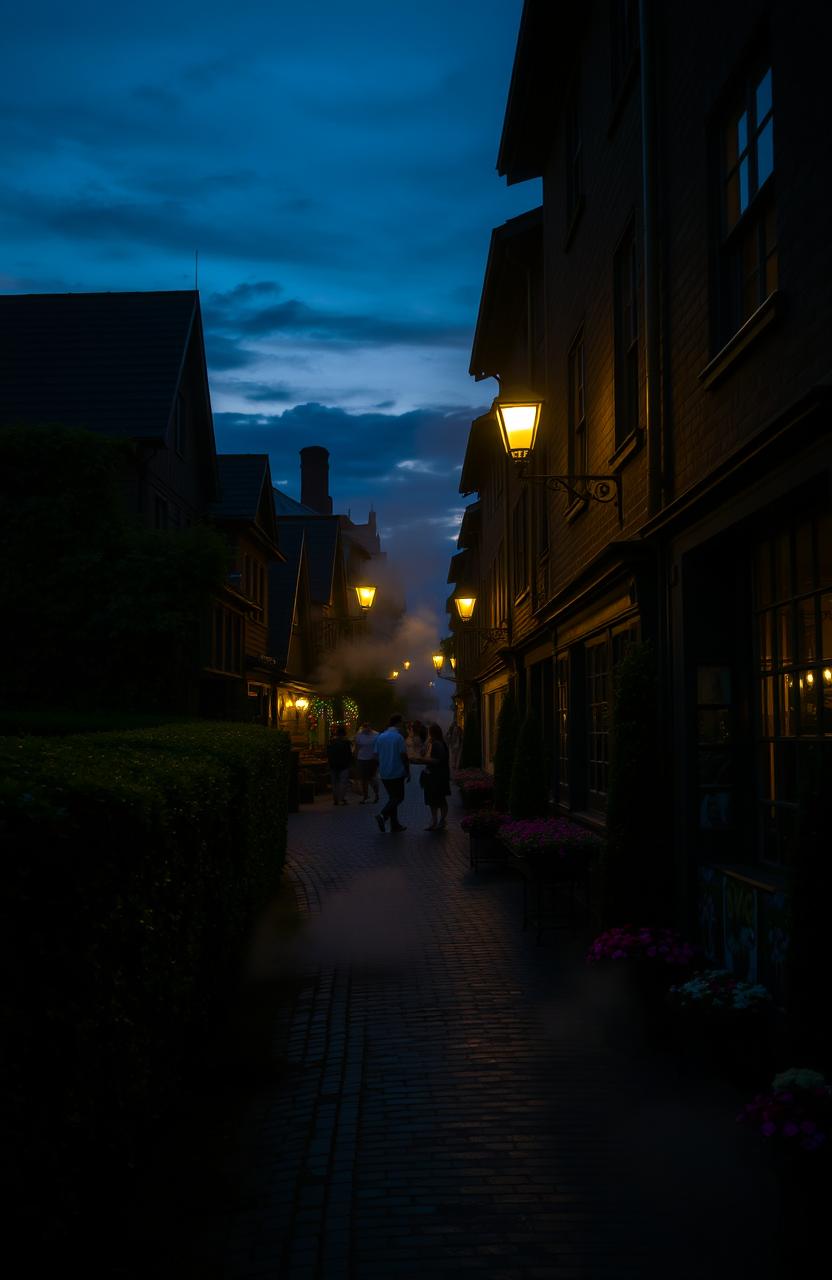 A shadowy, winding pathway that leads through a quaint small town at dusk, with dimly lit street lamps casting a warm glow on the cobblestone streets