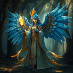 A female bird-humanoid cleric with vibrant feathers in shades of blue and gold