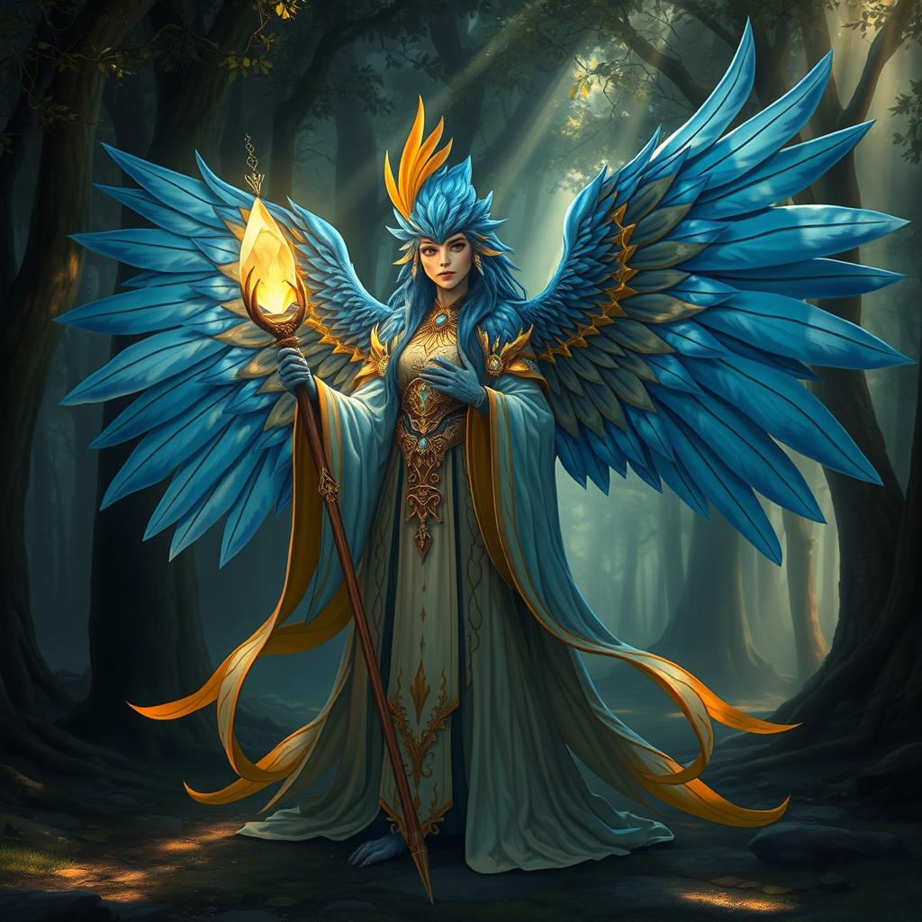 A female bird-humanoid cleric with vibrant feathers in shades of blue and gold