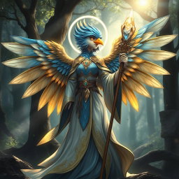 A female bird-humanoid cleric with vibrant feathers in shades of blue and gold