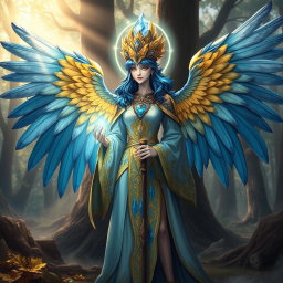 A female bird-humanoid cleric with vibrant feathers in shades of blue and gold