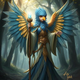 A female bird-humanoid cleric with vibrant feathers in shades of blue and gold