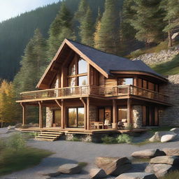 A rustic, two-storey retreat camp administration building situated on a mountainside slope, featuring a pair of offices, three cozy bedrooms, a convenient kitchen, a grand dining area capable of hosting 80 guests, and a warm gathering space centered around a prominent fireplace.