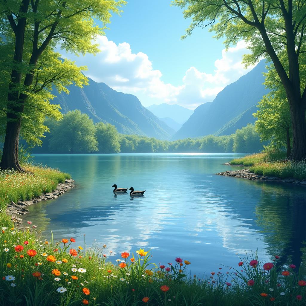 A beautiful and peaceful nature scene featuring a tranquil lake surrounded by lush green trees and mountains in the background