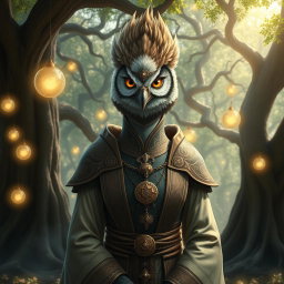 A cleric with a distinct bird face, featuring intricately detailed feathers and a serene expression