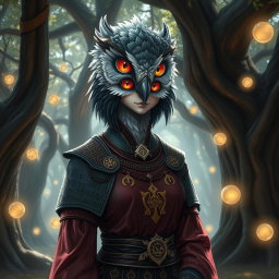 A cleric with a distinct bird face, featuring intricately detailed feathers and a serene expression